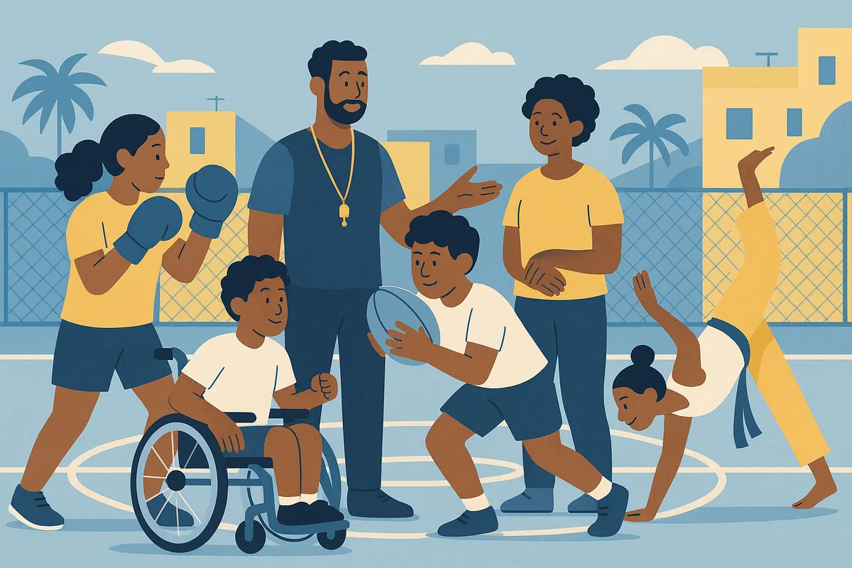 Ilustração de ONG de esporte com crianças e adultos diversos praticando atividade comunitária de inclusão social no Brasil