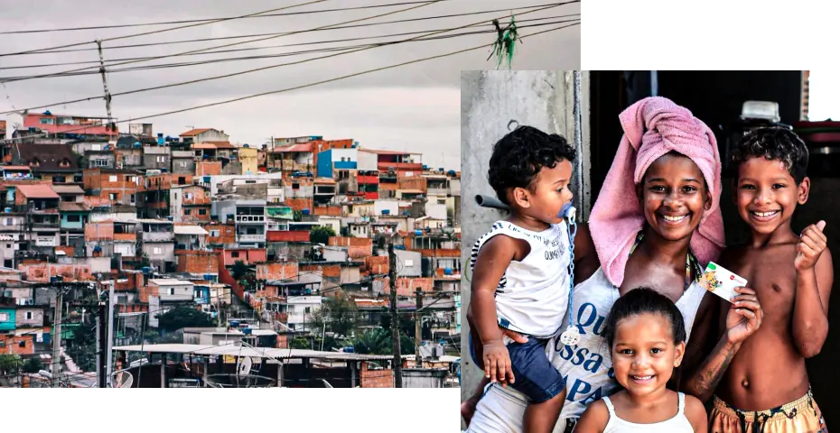 Ao lado esquerdo foto de uma favela e do lado direito uma mulher ao centro em volta de três crianças.